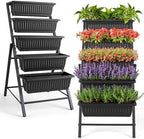 TEANDE 2 Pack Vertical Raised Garden Bed, 5-Tier Elevated Planter Box w/Drainage System & 4 Hooks for Herbs Vegetables Flowers, Vertical Garden Planter for Patio Yard Indoor Outdoor, Black by TEANDE