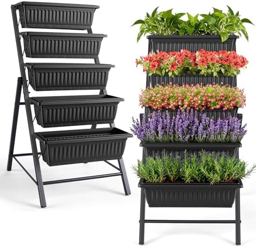 TEANDE 2 Pack Vertical Raised Garden Bed, 5-Tier Elevated Planter Box w/Drainage System & 4 Hooks for Herbs Vegetables Flowers, Vertical Garden Planter for Patio Yard Indoor Outdoor, Black by TEANDE