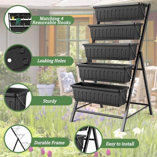 TEANDE 2 Pack Vertical Raised Garden Bed, 5-Tier Elevated Planter Box w/Drainage System & 4 Hooks for Herbs Vegetables Flowers, Vertical Garden Planter for Patio Yard Indoor Outdoor, Black - Image 3