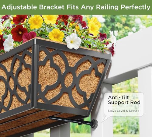 HFHOME 24 Inch Deck Railing Planter Box with Horse Trough Coco Liner, 24" Window Boxes with Coconut Coir Liner, Black Metal Hanging Flower Planter Basket for Outdoor Indoor Lawn - 4 Pack - Image 3