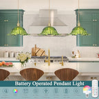 Battery Operated Pendant Light,Green Chandelier 2500mAh RGB Light Bulb 11in Vintage Light Fixtures with Remote Control Wireless Adjustable Rechargeable Chandelier for Kitchen Island Hallway 1Light - Image 2