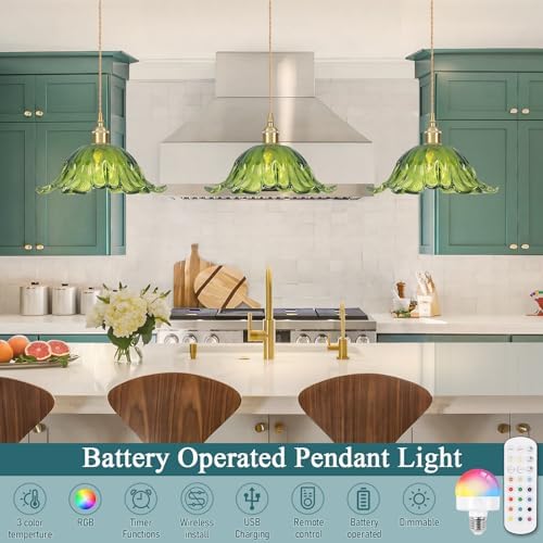 Battery Operated Pendant Light,Green Chandelier 2500mAh RGB Light Bulb 11in Vintage Light Fixtures with Remote Control Wireless Adjustable Rechargeable Chandelier for Kitchen Island Hallway 1Light - Image 2