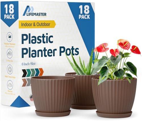 Brown 6-Inch Plant Pots with Drainage & Saucers 18 Pack, Indoor & Outdoor Planters for Houseplants, Herbs, and Flowers, Durable & Weatherproof Material, Stackable, Lightweight, Minimalist Design by LIFEMASTER