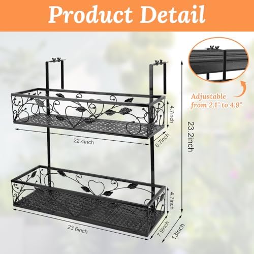2-Tier Flower Pot Stand Rack, Balcony Railing Planters, Metal Hanging Plant Holder, Adjustable Plants Rack Bucket for Outdoor Patio Porch Fence (Black) - Image 2