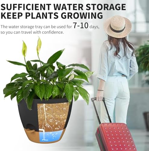 12/10/9/8/6 Inch Self Watering Pots for Indoor Outdoor Plants, Set of 5 Large Plastic Planters with Visual Water Window, Drainage Holes & Watering Lip, Modern Decorative Flower Pots (Black) - Image 6