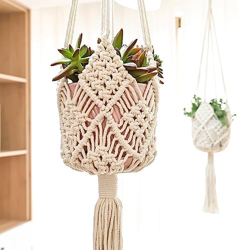 Hanging Planter with Patterns,4Packs Macrame Plant Hangers Indoor Macrame for up to 8 inch Pot Crochet Boho Plant Hanger Holder for Indoor Outdoor with 4 Stainless Steel Hooks (4Pcs White Colors) - Image 2
