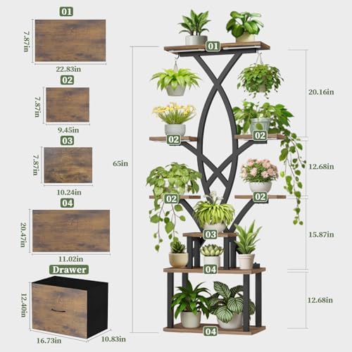 Plant Stand Indoor with Grow Lights - 8 Tiered Plant Shelf with Storage Drawer, 65" Tall Plant Shelf with Grow Light & 2 Hooks, Corner Plant Stand for Indoor Plants, Metal Plant Holder for Home, Patio - Image 2
