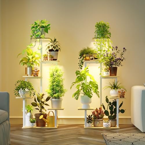 Plant Stand Indoor with Grow Lights - Tiered Corner Shelf Small Metal Lighted Flower Rack Multiple by MemoCastle