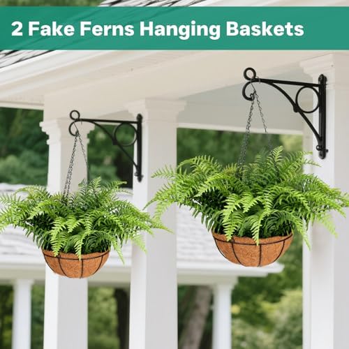 2 Set Fake Ferns with Hanging Baskets, UV Resistant Fake Hanging Ferns Plants, Outdoor Artificial Hanging Plants for Front Porch Garden Balcony Patio Home Decor, No Assembly - Image 3