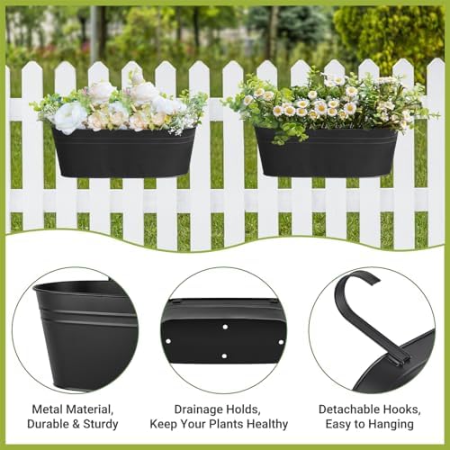 Dahey 15 Inches Railing Planter Box 4 Pcs Metal Hanging Flower Pots, Black - Image 3