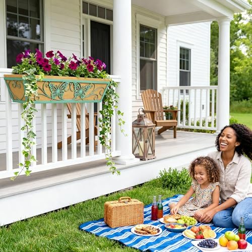 2 Pack 24 Inch Window Boxes Planter for Outdoor Plants Deck Railing Planters Box with Adjustable Brackets for Porch Fence Balcony Hanging Flower Baskets with Liner for Garden Décor - Green - Image 6