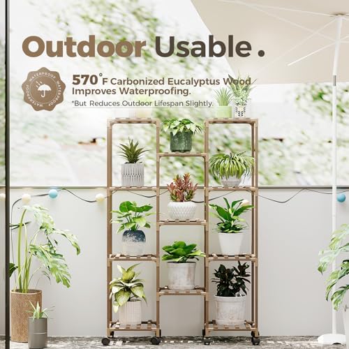Bamworld Plant Stand With Wheels Indoor Outdoor Wood Plants Shelf for Multiple Plants 11 Pots,Tall Large Flower Holder for Living Room, Patio, Balcony, Garden - Image 3
