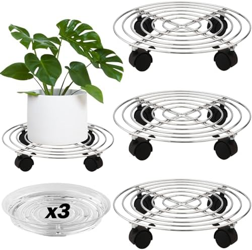 3 Packs Metal Plant Caddy 13.8” Plant Dolly with Wheels Heavy-duty Wrought Iron Rolling Plant Stand with Casters Indoor and Outdoor Plant Pot Roller Base Plant Mover Saucers, Bright Silver by Planterhoma