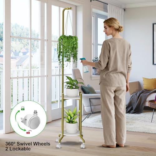VyGrow Plant Stand Indoor, 2 Tier Hanging Tall Plant Shelf with Wheels, 3 Potted Corner Flower Stand Metal Plant Holder, Plant Shelves for Living Room, Bedroom, Patio, Outdoor, Gold - Image 5