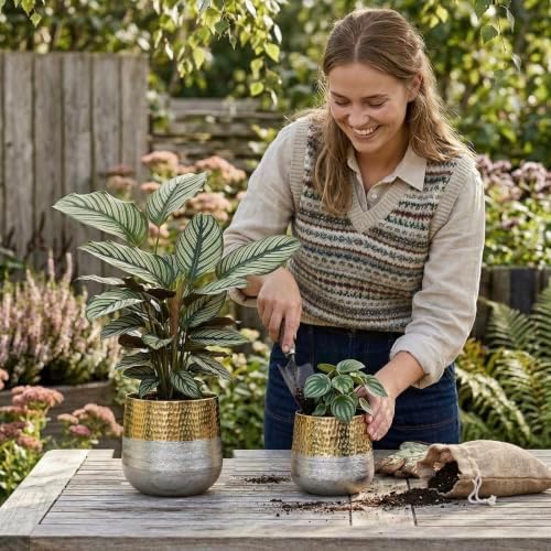 MyGift Hammered Brass and Silver Metal Planters, Handcrafted, 2 Pack - Image 3