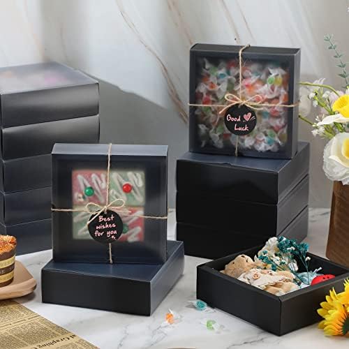 Roowest 50 Sets Gift Boxes Kraft with Tags, 6.5 x 6.5 x 2 Inch, Black - Image 3
