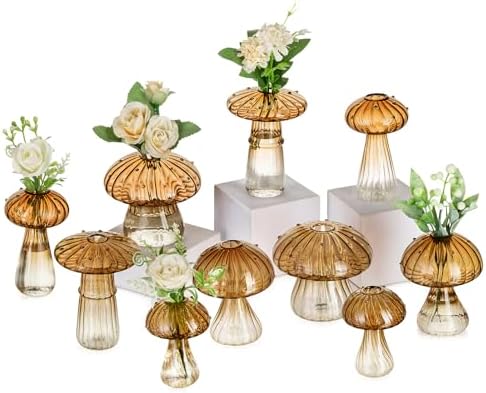 Glasseam Mushroom Vases for Flowers, 10 Pcs Amber Glass Bud Vase for Decor by Glasseam