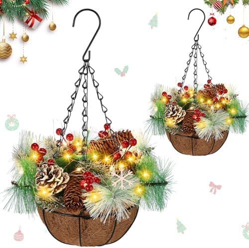 2 Pack Pre Lit Christmas Hanging Baskets with LED Lights Porch by FineCheer