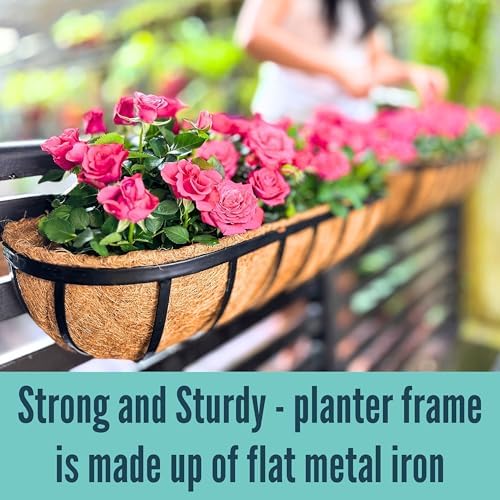 LaLaGreen Railing Planter Box (24 Inch, 4 Pack) Black Metal Rectangular Hanging Planters with Coco Liner, Flower Boxes Brackets for Deck Railings Outdoor Plants Over Rail Fence Balcony Patio Porch - Image 5
