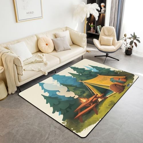 Erosebridal Tent Area Rug 6'6" x 4'11" Camping Living Room Rugs Cartoon Camp Theme Bonfire Rustic Decorative Carpet Woods Camping Bag Trees Indoor Floor Mat by Erosebridal
