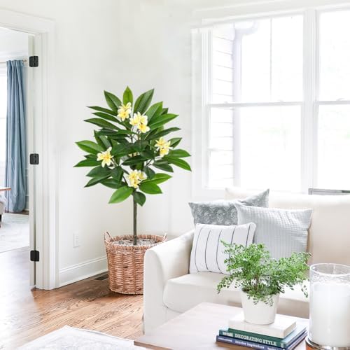 Briful Artificial Plants Indoor 4.17ft Fake Tropical Plumeria Flowers Tree in Black Pot Hawaiian Yellow Plumeria Faux Frangipani Tree Potted Floor Plant for Home Office Wedding Decor - Image 5