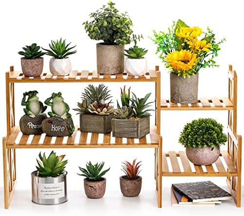 Lawei 2 Tier Bamboo Tabletop Plant Stand, Adjustable Flower Pot Holder Shelf Planter Display Stand, Small Desktop Ladder Plant Rack for Indoor Outdoor Home Patio Lawn Garden Balcony Organizer - Image 3