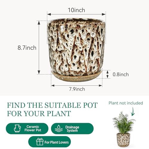 10 Inch Ceramic Plant Pot with Drainage Hole Mesh Net, Large Flower Pots for Indoor Plants with Saucer, Gardening Pots Outdoor - Image 6