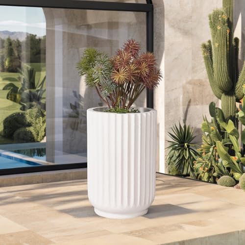 20" Tall Indoor Outdoor Planter, Modern Fluted Big Round Plant Pot ,White - Image 7