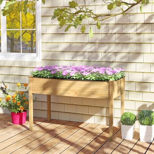 GIANTEX Raised Garden Beds Set of 2, Elevated Wood Planter Box with Liner, 47"x23"x30" Freestanding Raised Bed for Indoor Outdoor Plants, Vegetables Flower Herbs Fruit Gardening - Image 2