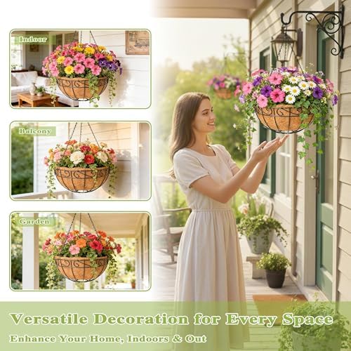 4 Pack 14 Inch Hanging Baskets for Plants Outdoor Metal Hanging Planter Hanging Flower Baskets with Coco Fiber Liners Chain Round Wire Plant Holder Hangings Flower Pots(Plaid) - Image 3