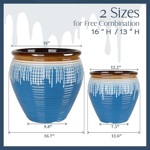 WORTH Clay-Pot-Style Plastic Planters Set of 2 (Large: 17"Dia x 16"H & Small: 13"Dia x 13"H), Blue-Glazed Plant Pot, Round Lightweight Flower Pots with Drainage Hole & Plug for Indoor & Outdoor Use - Image 4