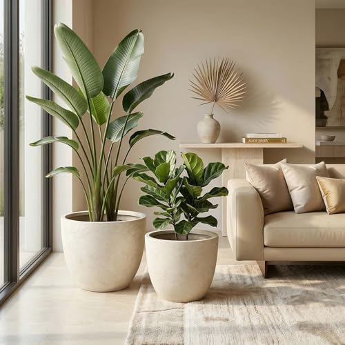 14" Round Concrete Outdoor Planter Pots Set of 2, Rustic Large Planter Pots for Outdoor Plants with Drainage Holes for Home Front Porch Garden Patio, White by Nahenduo