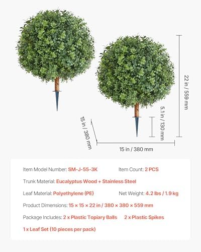 VEVOR Artificial Topiary Boxwood Trees with Ground Spike, 22 inch 2 Set Faux Shrubs & Bushes Potted Plants, Fake Silk Tree Look Real for Decor Front Porch Outdoor Indoor Patio Garden Balcony Backyard - Image 7