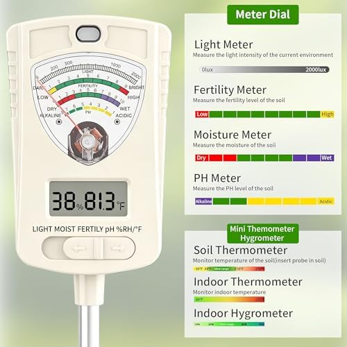 Soil Test Kit, 7-in-1 Soil Moisture Meter, Dual Screen Soil Tester, Moisture/pH/Temperature/Sunlight/Air Humidity/Fertility, Perfect for Farming, Gardening, Lawns, Outdoor-Lvory White - Image 4