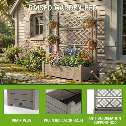 Elevated Raised Garden Bed with Trellis,Resin Planter Boxes Outdoor for Backyard Balcony,Large Patio Planter Box for Herbs Flowers Vegetables(Grey) - Image 6