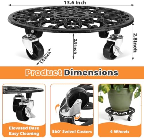 3 Pack Rolling Plant Caddy with Wheels Heavy Duty, 14 Inch Cast Iron Plant Rollers with Wheels, Roller Planter Stand on Metal Wheel Round Planter Caddies Roller Plants Stand Indoor Potted Plants Mover - Image 5