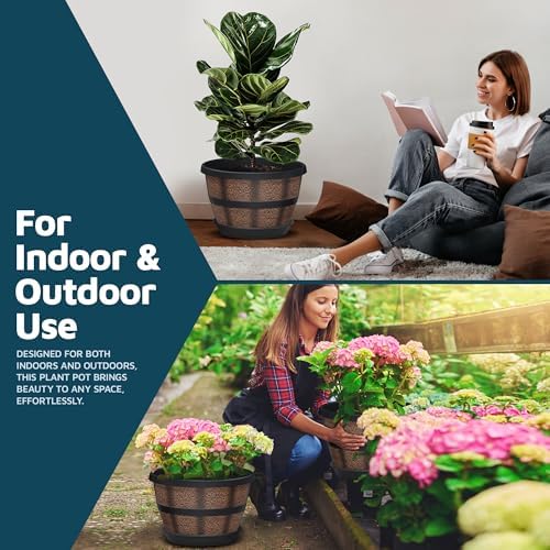 10-Inch Whiskey Barrel Planters Outdoor Pack of 6, Plastic Decoration Plant Pots for Indoor & Outdoor Use with Drainage & Saucer, Rustic Garden Planters for Flowers, Small Plants & Herbs - Image 3