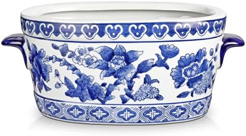 Blue and White Ceramic Planter Pot – Vintage Floral Oval Cachepot Vase for Indoor Plants, Flowers & Succulents – Glazed Chinese Porcelain Style Decorative Bowl –10.6" Size – No Drainage by Arborus