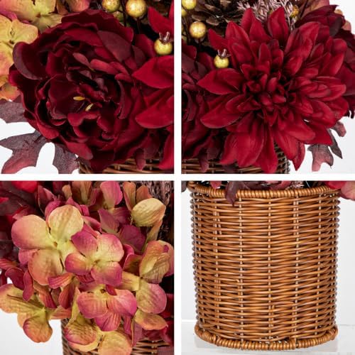 Hydrangea 13.8" Fall Flowers Arrangement in Baskets Pot Outdoor Indoor Fake Hydrangea Peonies Artificial Flowers in Woven Baskets Fall Decor Red Orange Faux Plants Porch Autumn Decorations for Home - Image 3