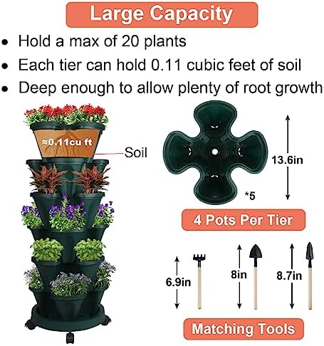 GameXcel Vertical Planter Tower - 6 Tier Stackable Garden Planters with Wheels and Tools Plant Pots for Strawberry Herb Flower and Vegetable Indoor Outdoor Use Green 2 Pack - Image 5