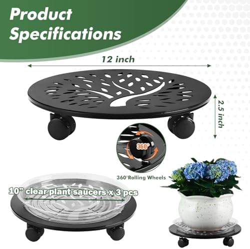 3 Packs Metal Plant Caddy with Wheels 12" Large Rolling Plant Stands Wheeled Plant Dolly Heavy-Duty Flower Pot Roller Base Movers, Black - Image 3