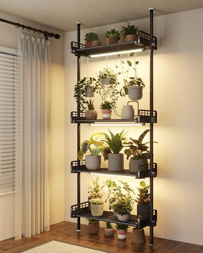 Bamworld Tension Rod Plant Stand with Grow Lights Adjustable Hanging Shelf by Bamworld