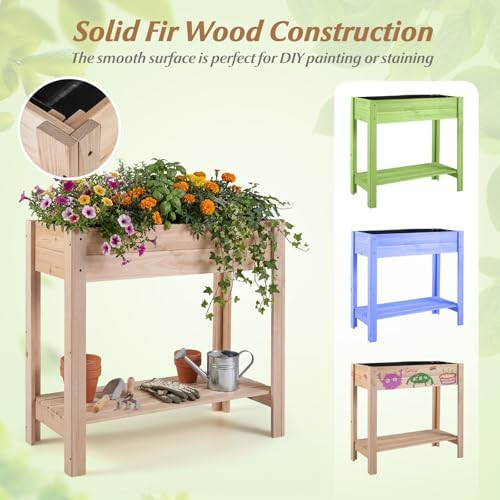 GIANTEX Wood Raised Garden Bed w/Lower Shelf, Planter Box with Legs for Flower Herb Vegetable Fruit, Indoor Outdoor Elevated Raised Beds for Gardening, Backyard, Patio, Balcony - Image 5