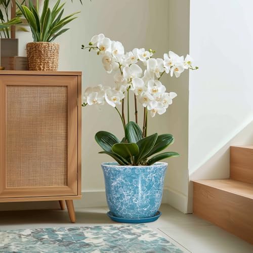 12 Inch Pots for Plants, Ceramic Planter with Drainage Hole, Blue - Image 5