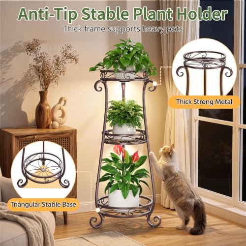 LASZOLA 3 Tiers Metal Corner Plant Stand Tall with Light for Indoor Outdoor - Image 6