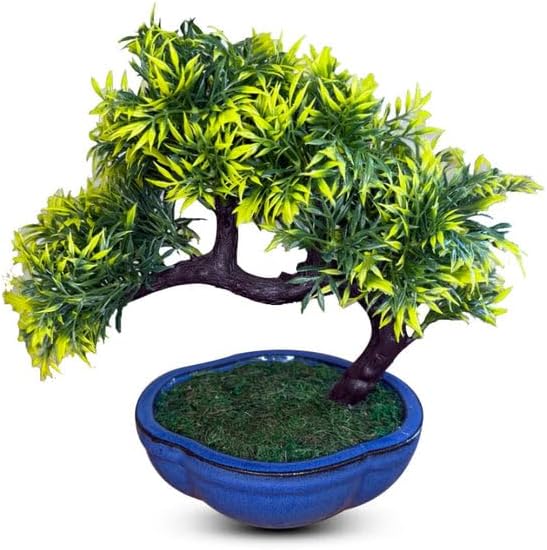Artificial Bonsai Tree with White Ceramic Pot, Yellow and Green Foliage, Decorative Faux Plant for Home Decor (Blue Ceramic Pot) by PixiesGardens