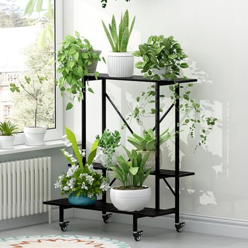 Zhongma 3 Tier Metal Heary Duty Plant Stand with Wheels, 35.43 L x 17.5 W x 38.6H . Space saving Plant Stand - Image 6