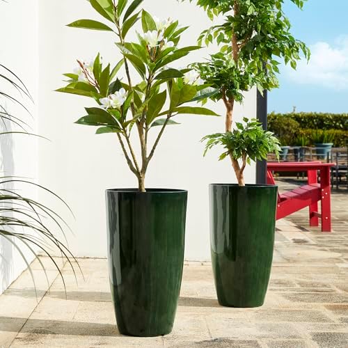 Glitzhome 23.5" H Large Tall Planter for Outdoor Plants,Set of 2 Plastic Tall Planters with Drainage Holes,Round Tapered Faux Ceramic Gradient Green Flower Tree Pots for Porch Patio Indoor Outdoor - Image 6