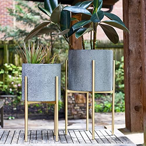 Main + Mesa Modern Boho Embossed Metal Planters with Stands, Charcoal Grey and Gold, Set of 2 Sizes - Image 2