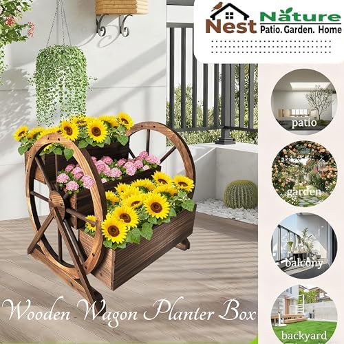 NestNature Wooden Wagon Planter Box|Raised Garden Bed W/Wheels for Plants - Image 5